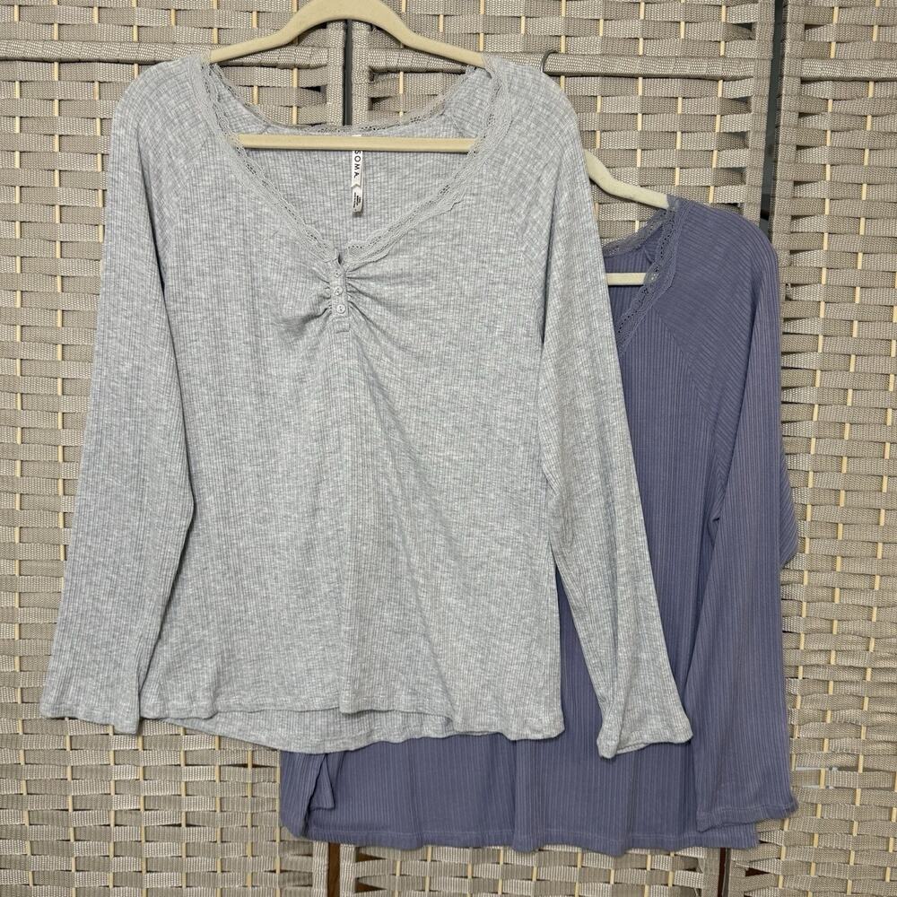 Soma Cool Nights Ribbed Pajama Top Set of 2 Size L Lilac Gray Lace Trim Henley - Picture 2 of 11